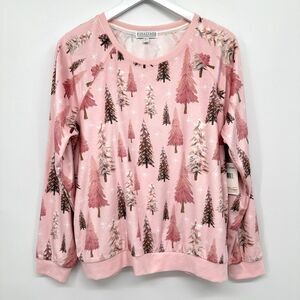 PJ Salvage Sweatshirt Lounge Top Silky Velour‎ L Nature Holiday Christmas Tree